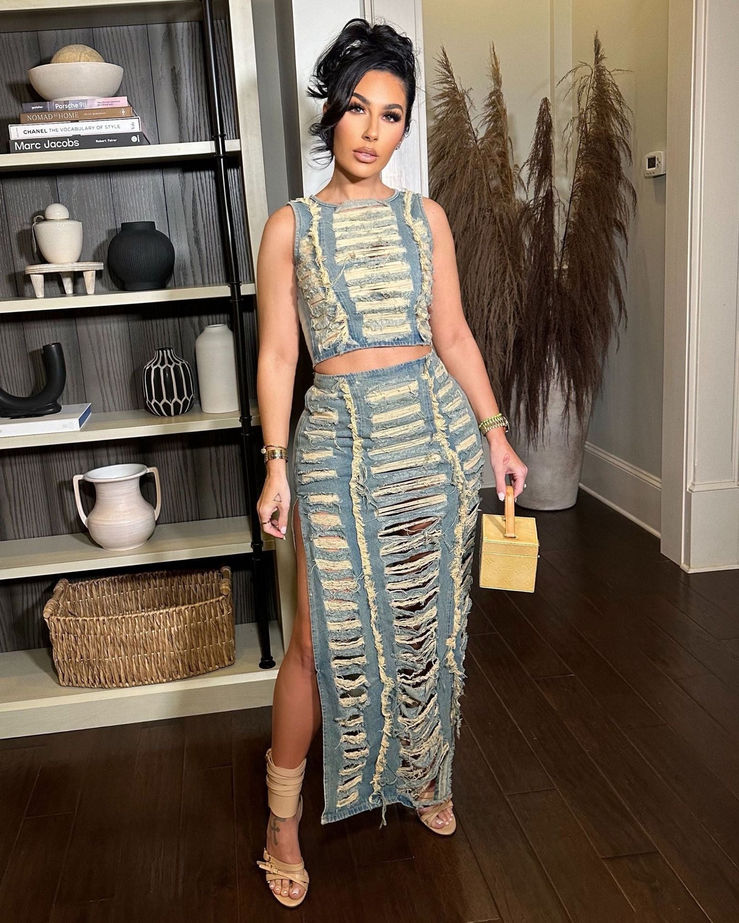 Halter Neck Destroy Denim Ripped Top Maxi Skirt Suit