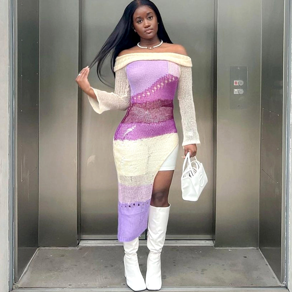 Long Sleeve Multi Printed Knitted Casual Midi Dress