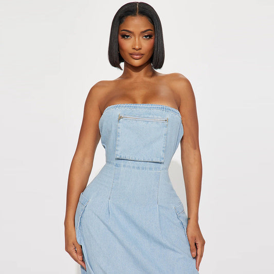 Front Kangaroo Pocket Washed Denim Maxi Dress