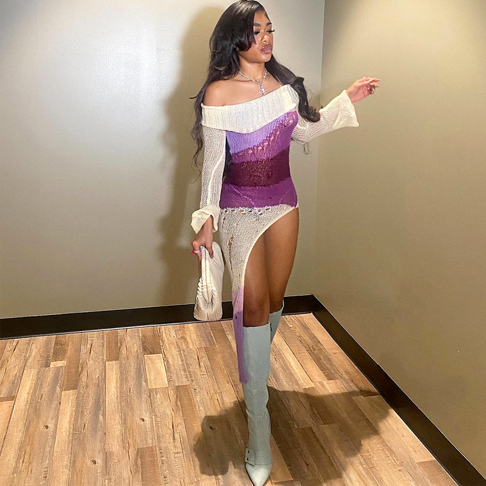 Long Sleeve Multi Printed Knitted Casual Midi Dress