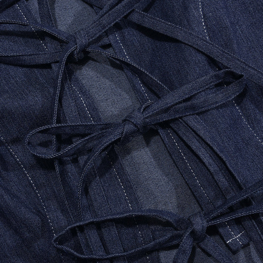 Denim Tied Sexy Top Zipper Pleated Skirt Suit