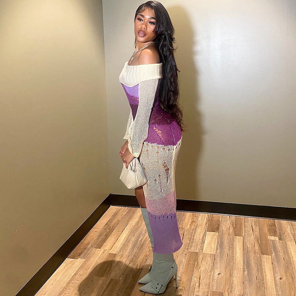 Long Sleeve Multi Printed Knitted Casual Midi Dress