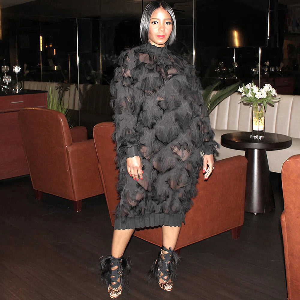 Chiffon Tassel Threaded Lace Over Size Midi Dress