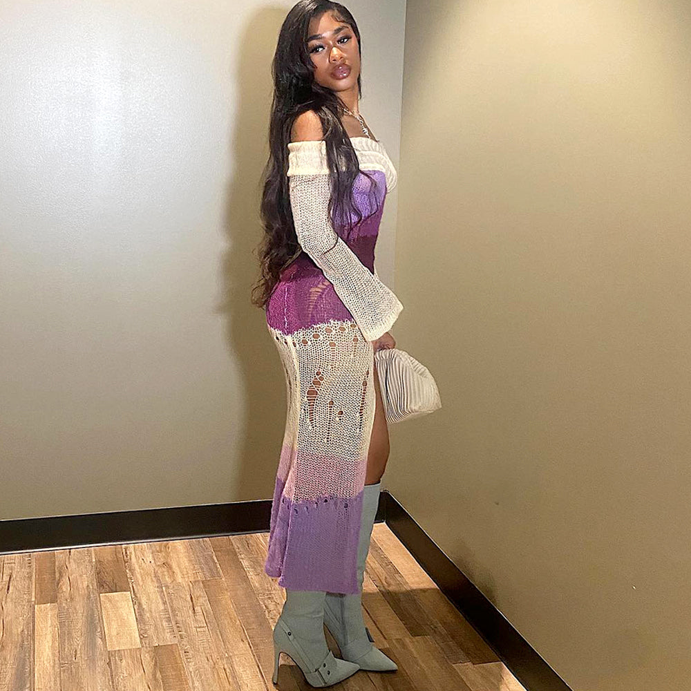 Long Sleeve Multi Printed Knitted Casual Midi Dress