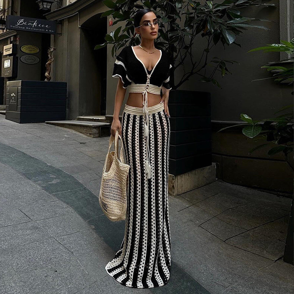 Short Sleeve Deep V Neck Stripe Knitted Maxi Skirt Suit