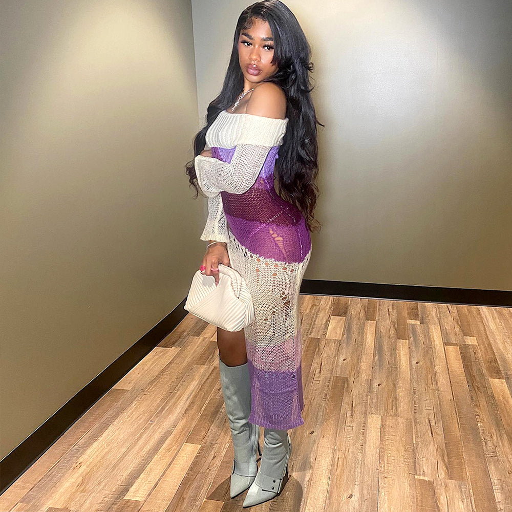 Long Sleeve Multi Printed Knitted Casual Midi Dress