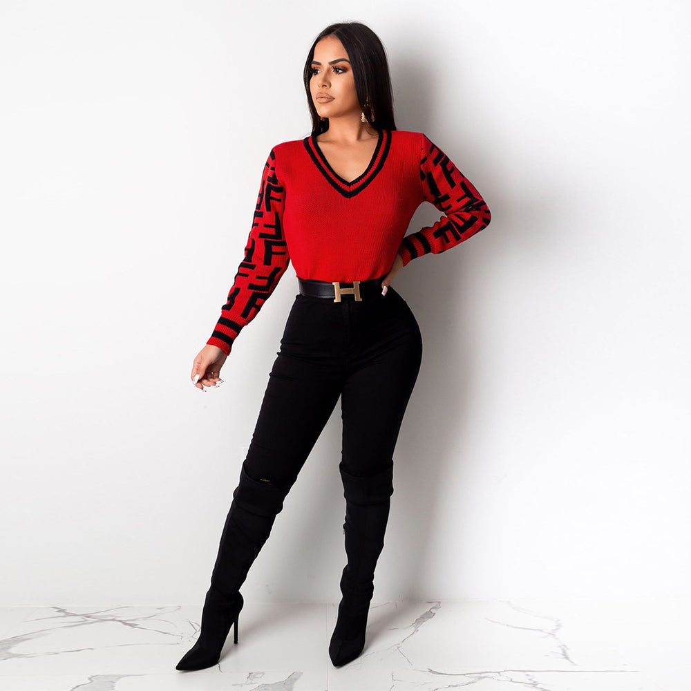 Long Sleeve F Letter Knitted Casual Sweater