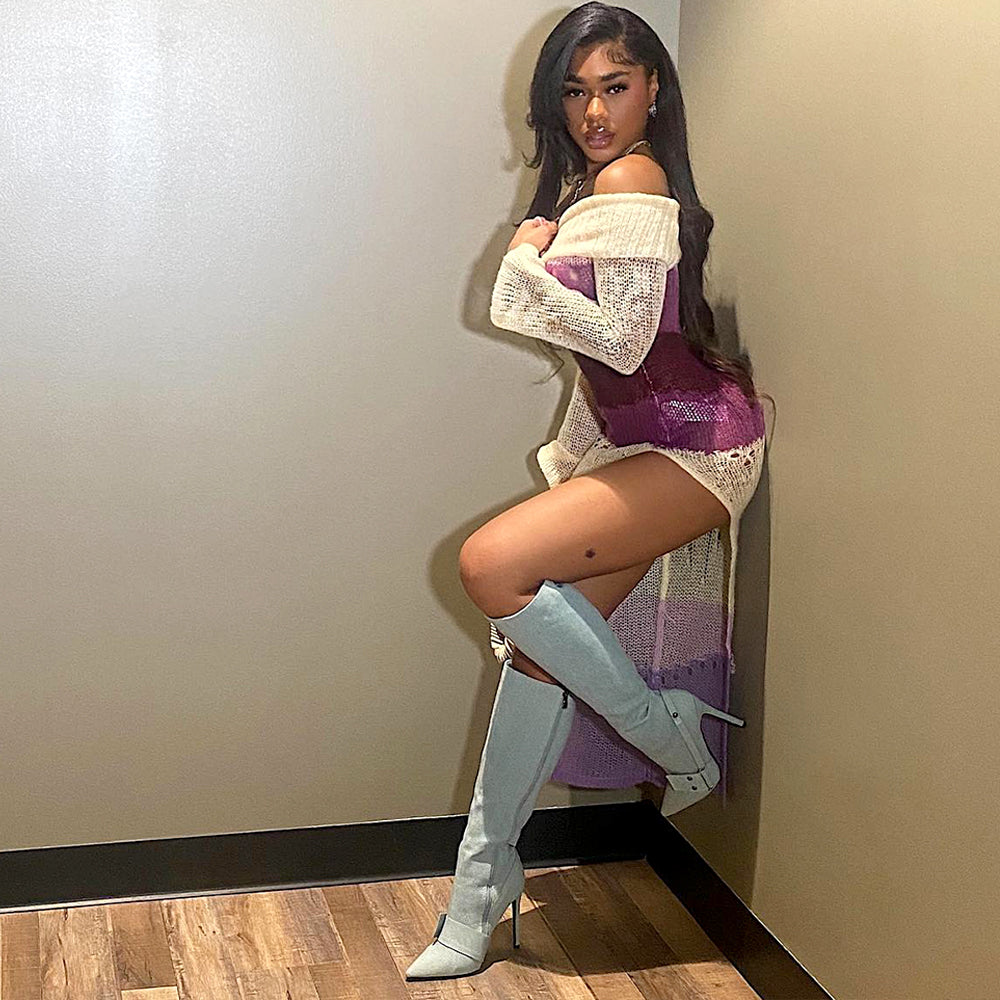 Long Sleeve Multi Printed Knitted Casual Midi Dress