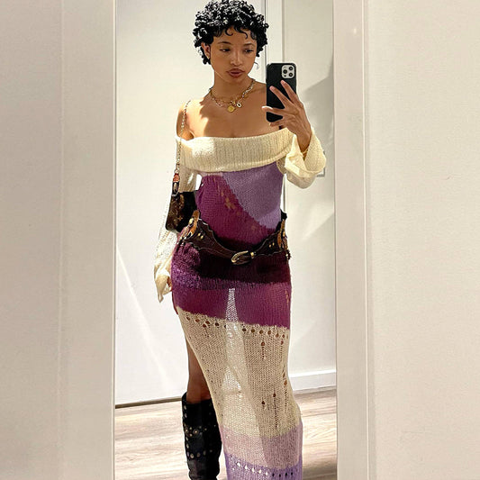 Long Sleeve Multi Printed Knitted Casual Midi Dress