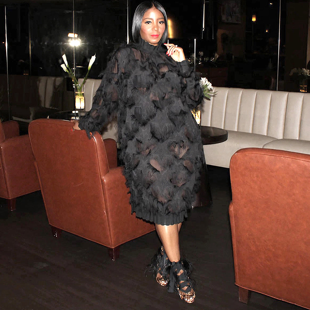 Chiffon Tassel Threaded Lace Over Size Midi Dress