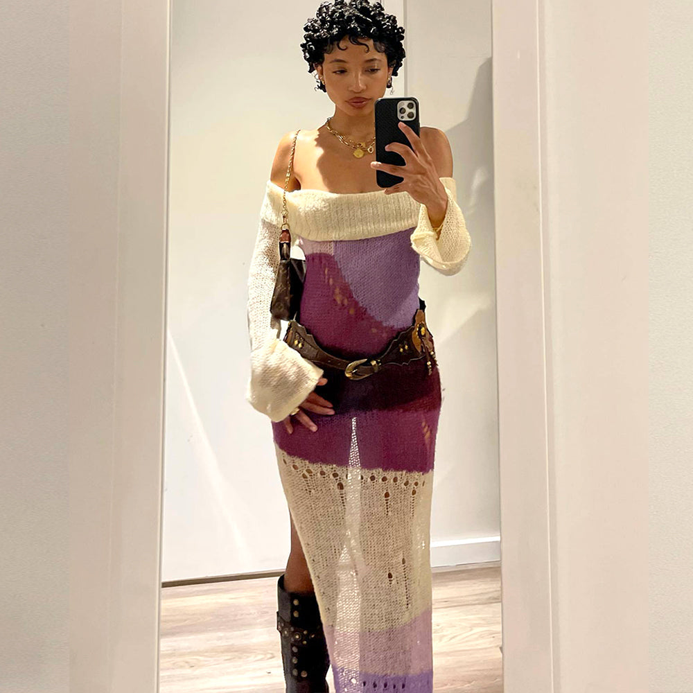 Long Sleeve Multi Printed Knitted Casual Midi Dress