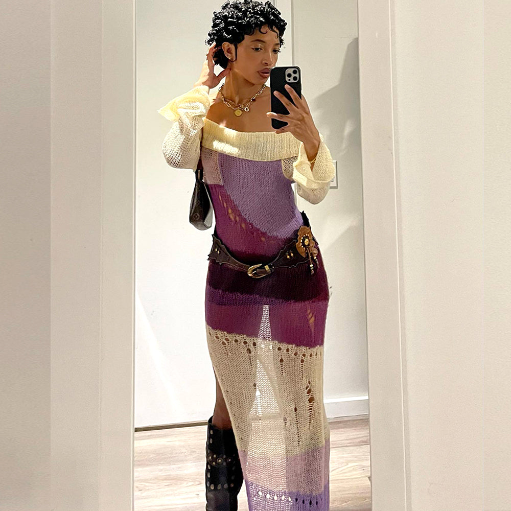 Long Sleeve Multi Printed Knitted Casual Midi Dress