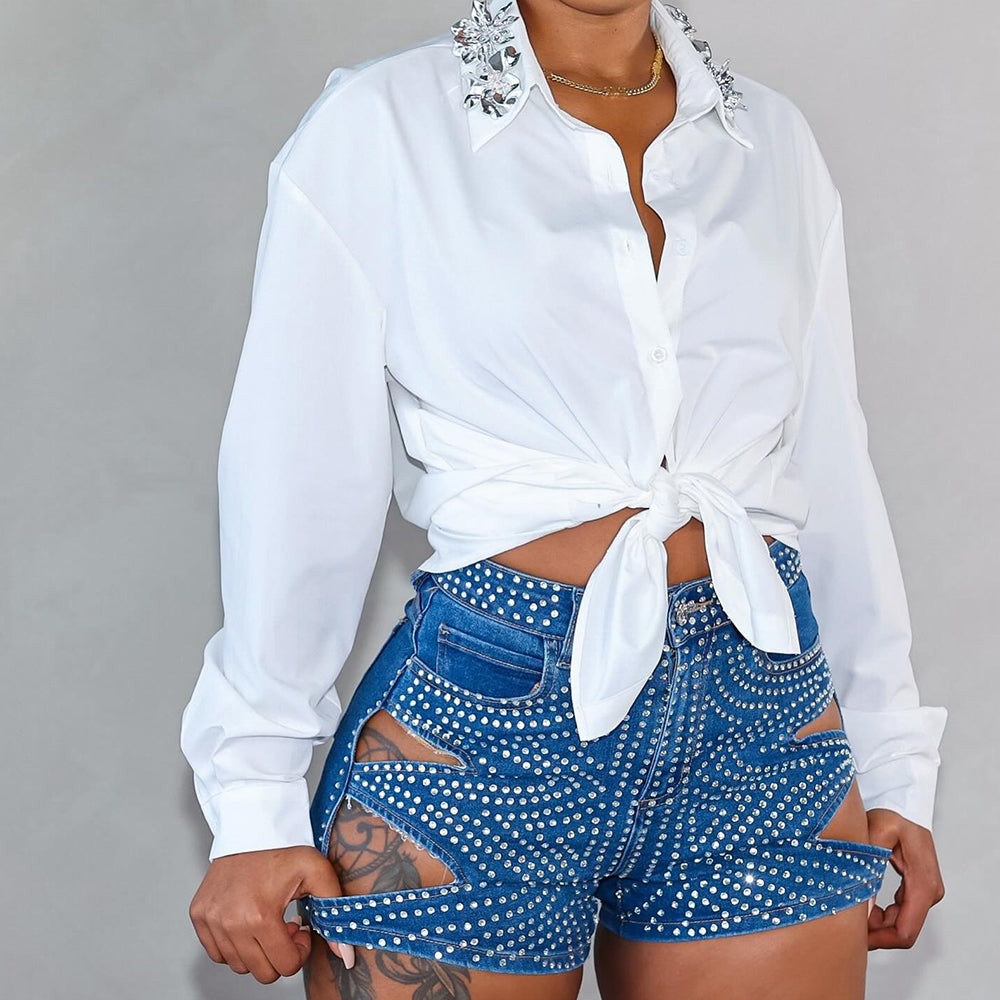 Cut Out Washed Tight Stretched Denim Shorts