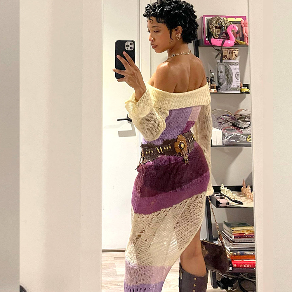 Long Sleeve Multi Printed Knitted Casual Midi Dress