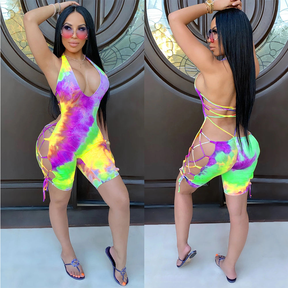 Sexy Suspender Halter Neck Tie Dyed Hollow Romper