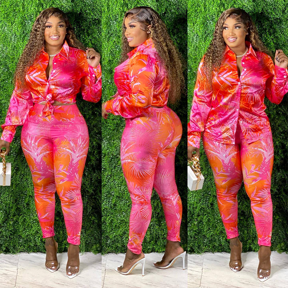 Long Sleeve Florarl Printed Shirt Pants Suit