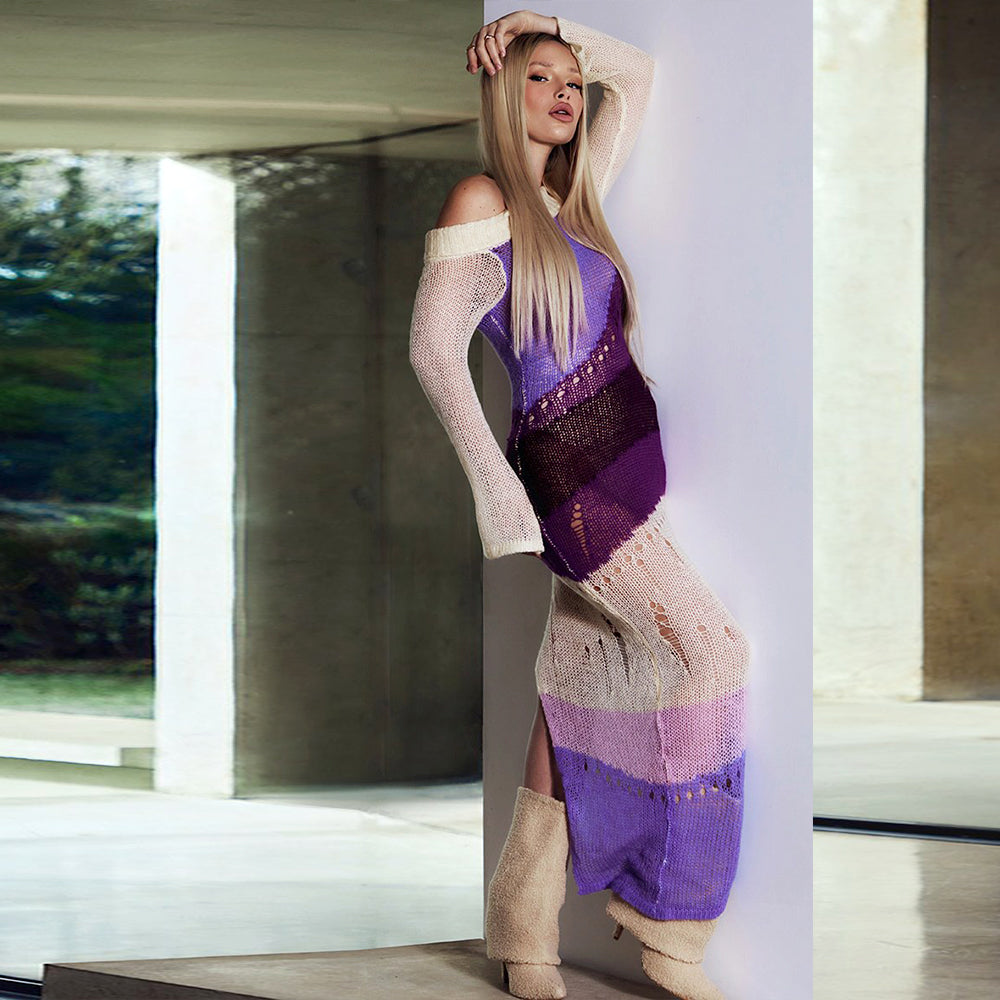 Long Sleeve Multi Printed Knitted Casual Midi Dress