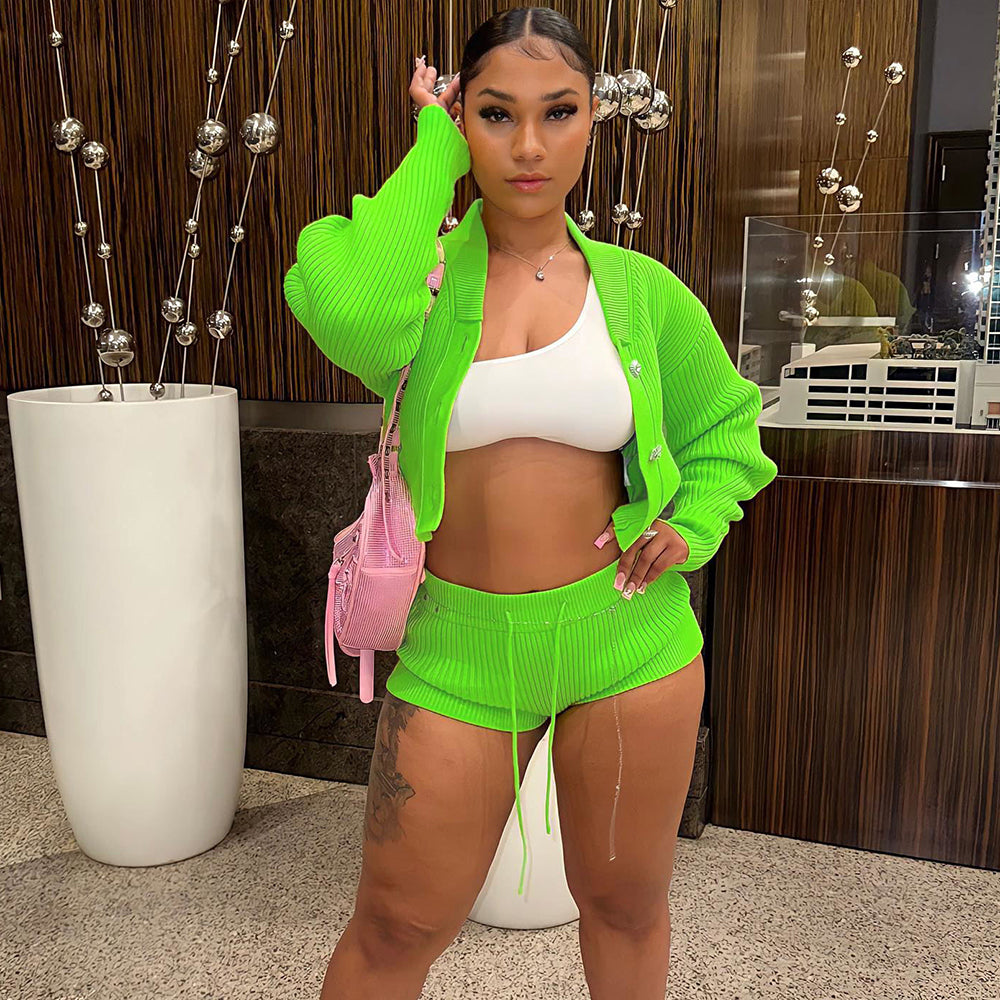 Hand Hook Lapel Cardigan Drawstring Shorts Suit