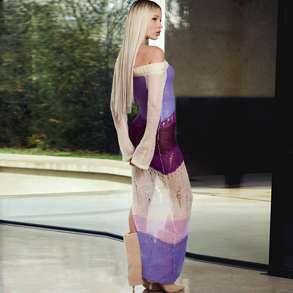 Long Sleeve Multi Printed Knitted Casual Midi Dress