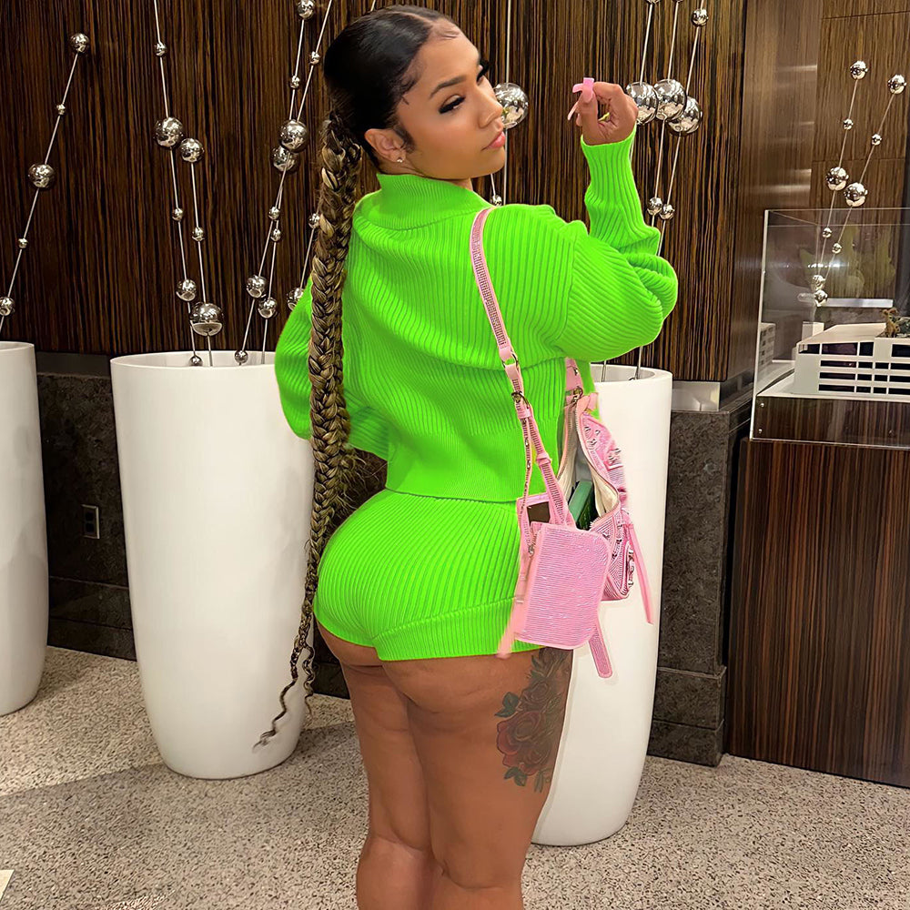 Hand Hook Lapel Cardigan Drawstring Shorts Suit