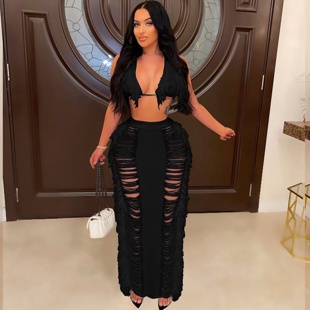 Sleeveless Bra Top Ripped Knitted Beach Maxi Skirt Suit