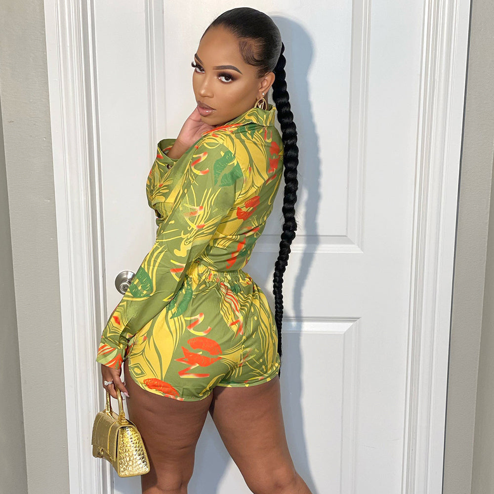 Long Sleeve Printed Multi Color Casual Shorts Suit
