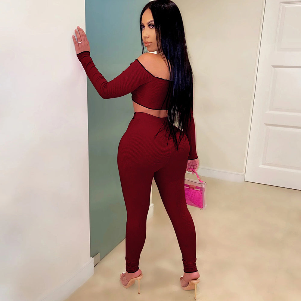 Long Sleeve Off Shoulder Ribbed Crop Top Long Slim Fit Pants