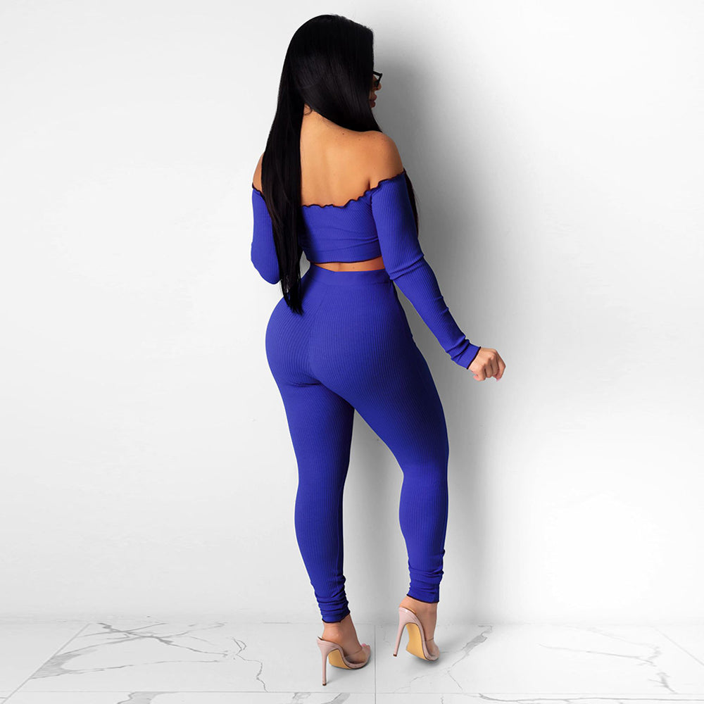 Long Sleeve Off Shoulder Ribbed Crop Top Long Slim Fit Pants