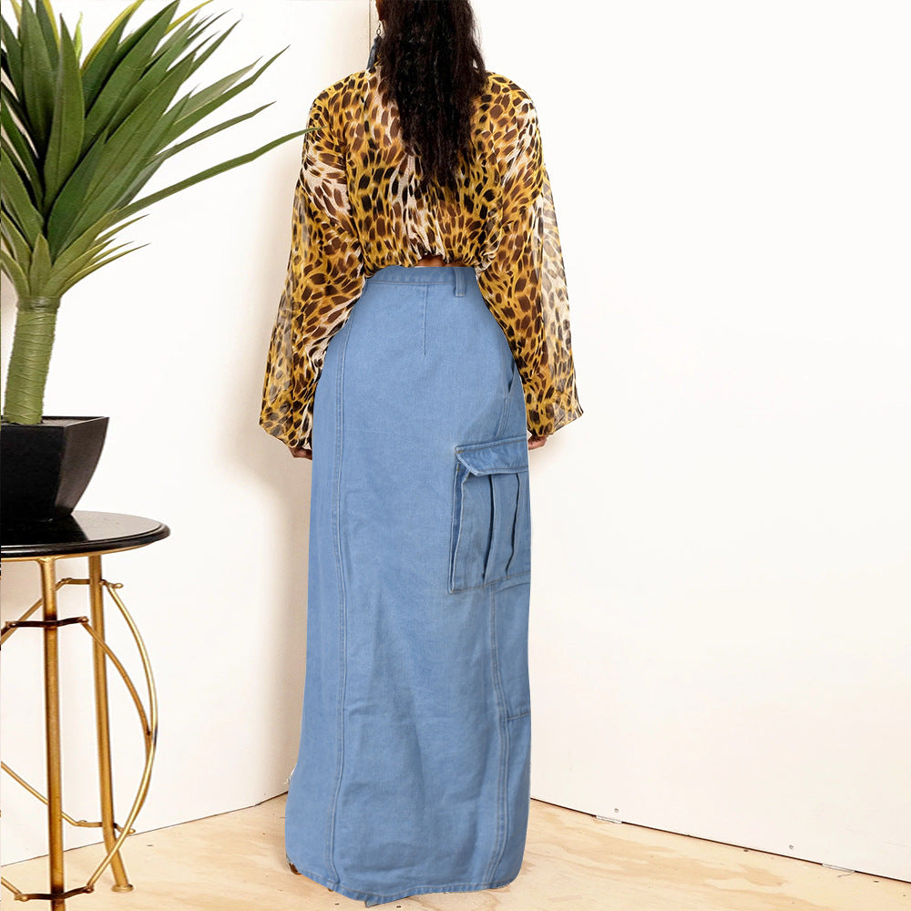 Womens Washed Denim Pocket Slit Flow Maxi Skirt