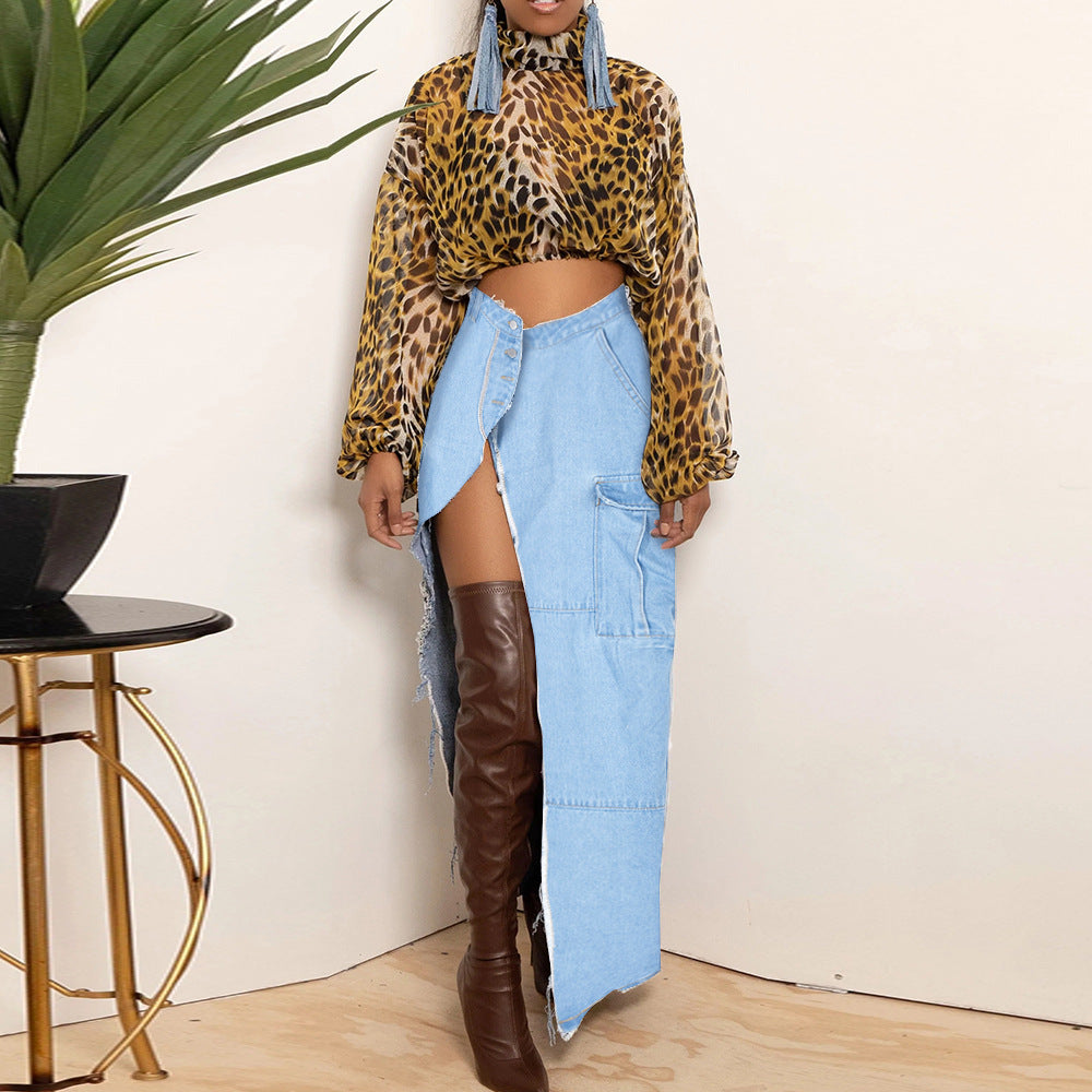 Womens Washed Denim Pocket Slit Flow Maxi Skirt