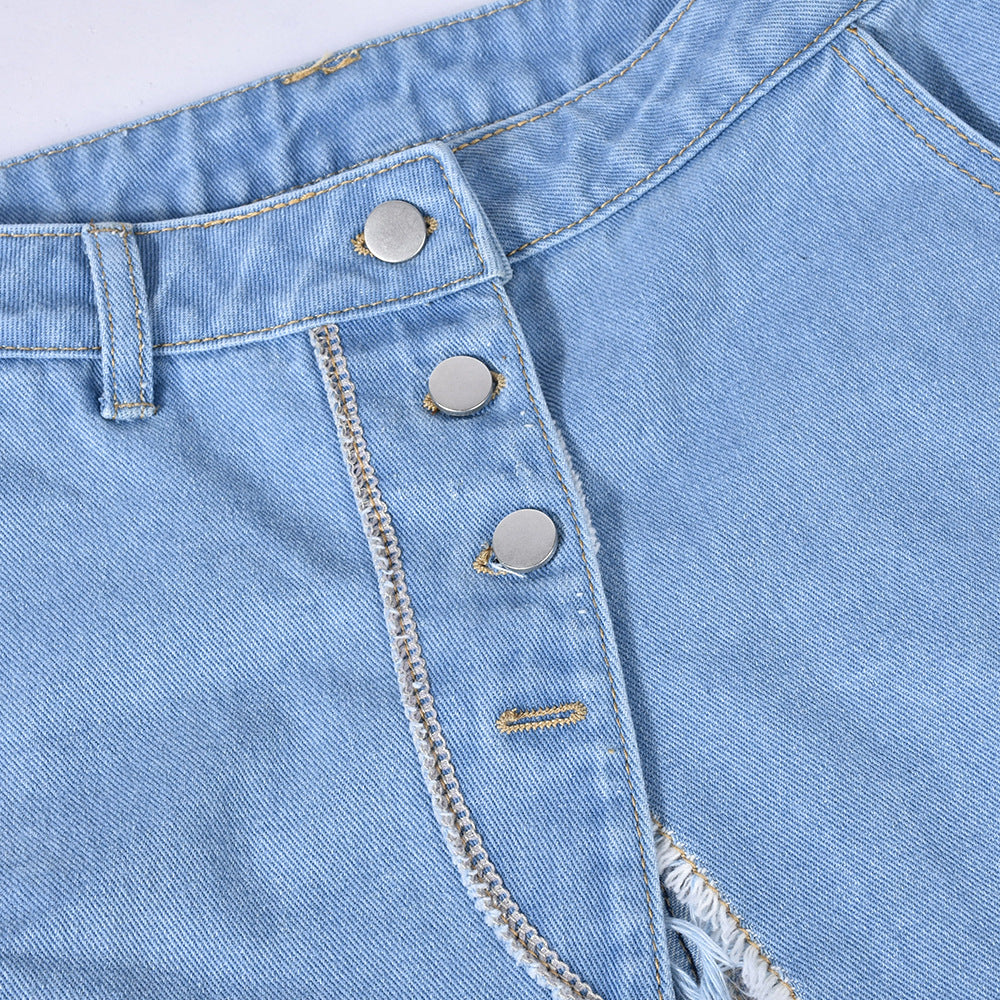 Womens Washed Denim Pocket Slit Flow Maxi Skirt