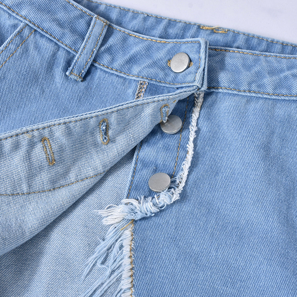 Womens Washed Denim Pocket Slit Flow Maxi Skirt