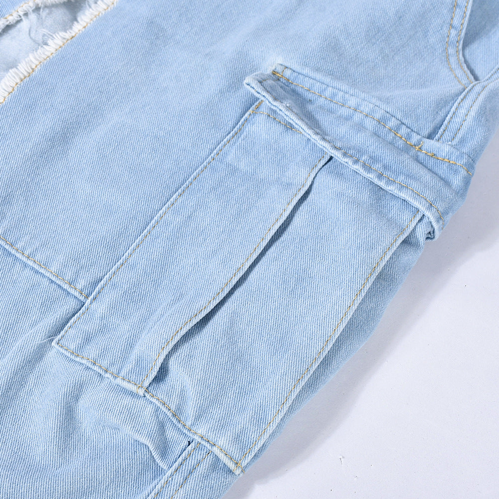 Womens Washed Denim Pocket Slit Flow Maxi Skirt