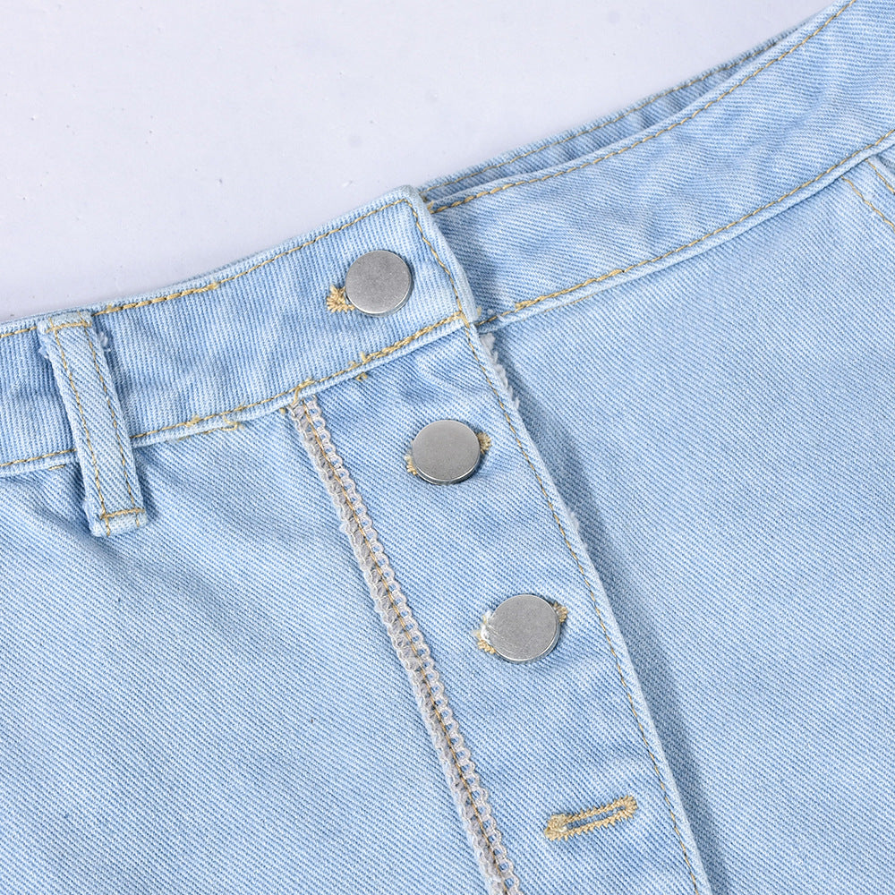 Womens Washed Denim Pocket Slit Flow Maxi Skirt