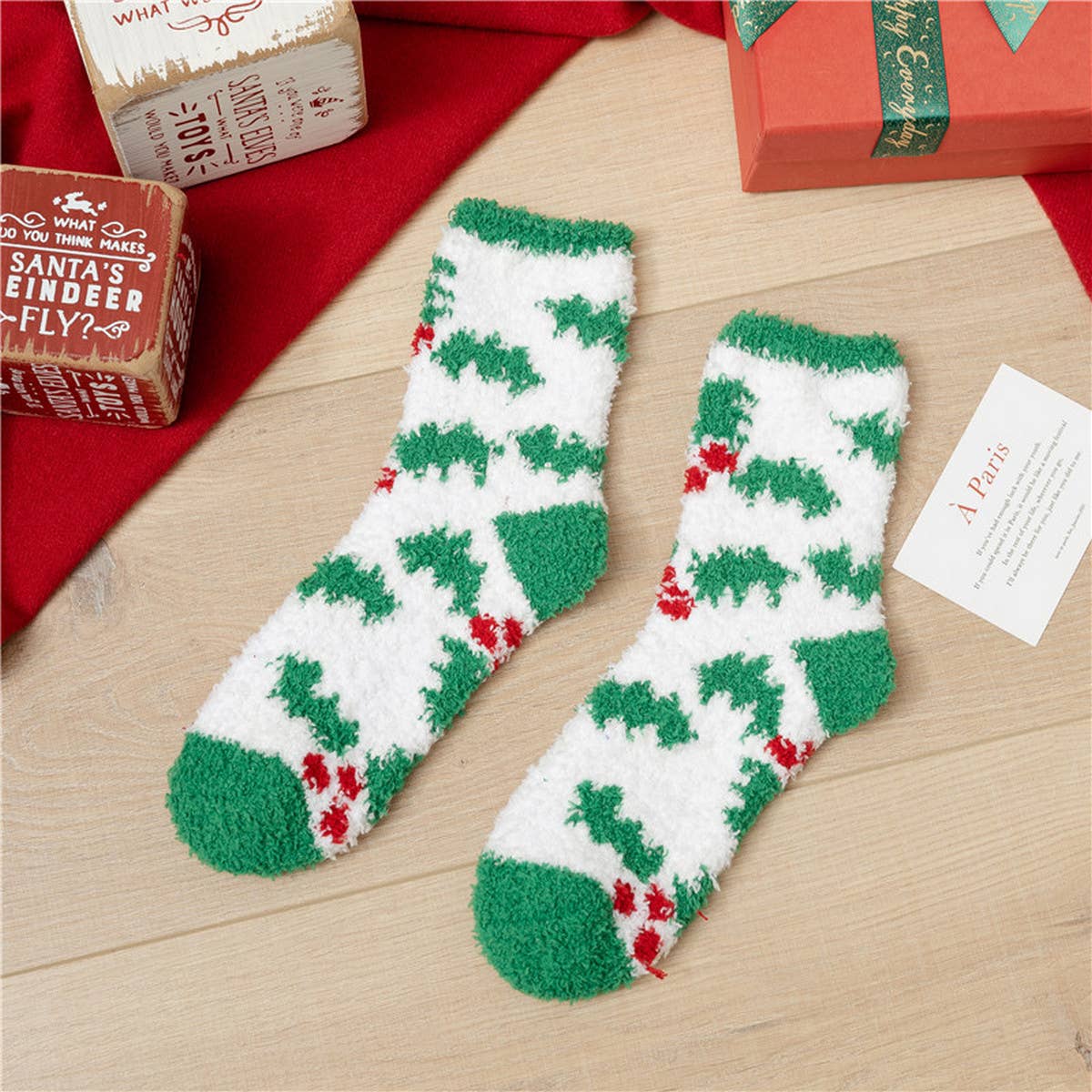 SANTA CLAUS ELK CORAL VELVET SOCKS