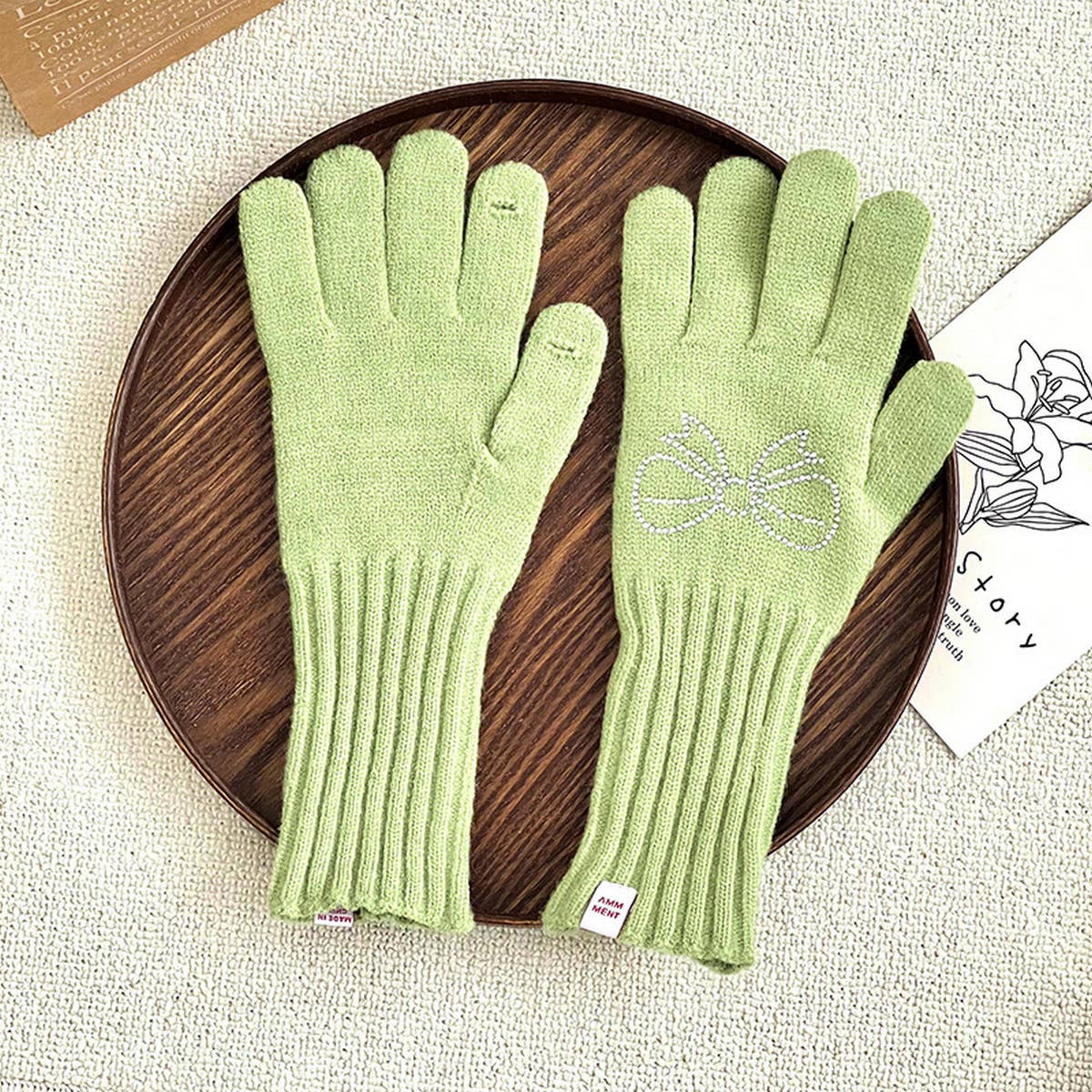 RHINESTONE BOW TOUCH SCREEN FIVE-FINGER GLOVES_CWAG0141