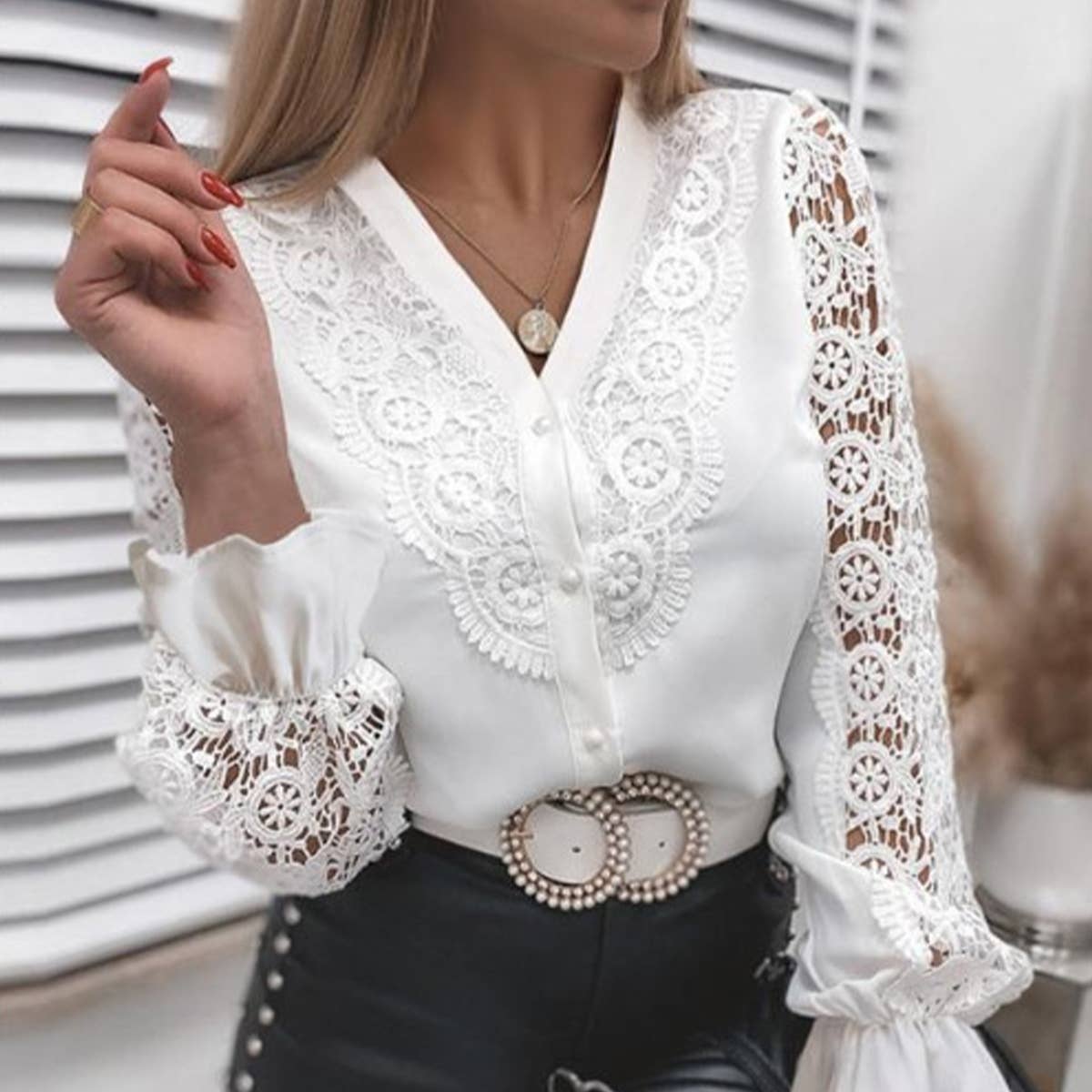 SOLID COLOR LACE V-NECK CARDIGAN SHIRT FOR WOMEN