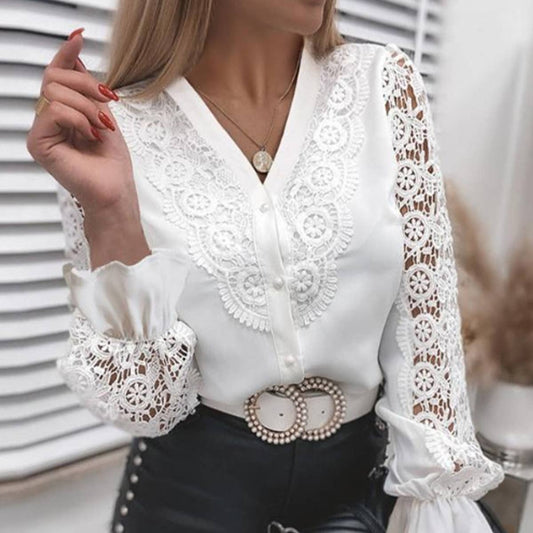 SOLID COLOR LACE V-NECK CARDIGAN SHIRT FOR WOMEN