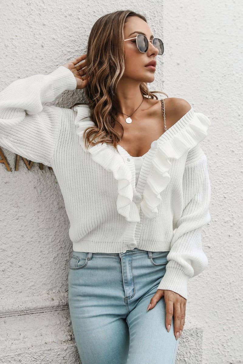 CWOCAL1160_RUFFLED LOOSE KNITTED SWEATER CARDIGAN COAT