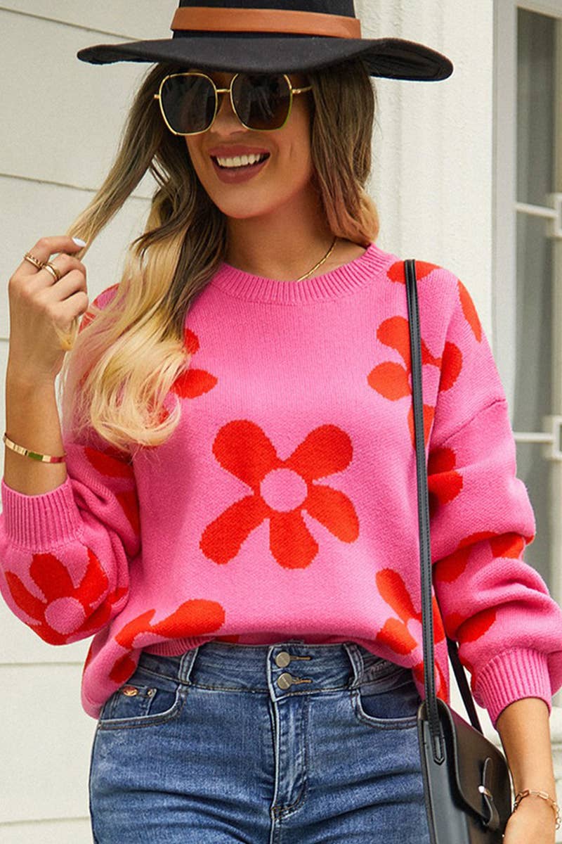 WOMEN FLOWER PATTERN SLIM KNITTED SWEATER_CWOSWL1448