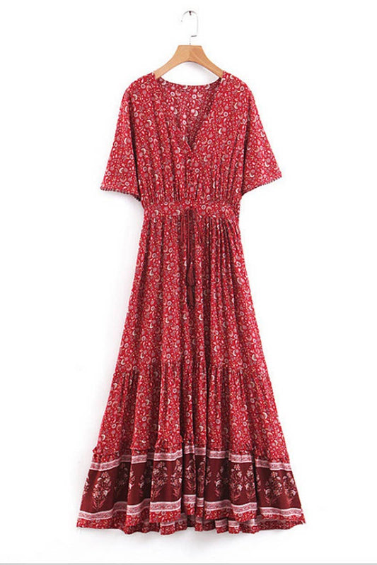 CWDMD01239_V NECK BOHEMIAN PLACEMENT PRINT DRESS