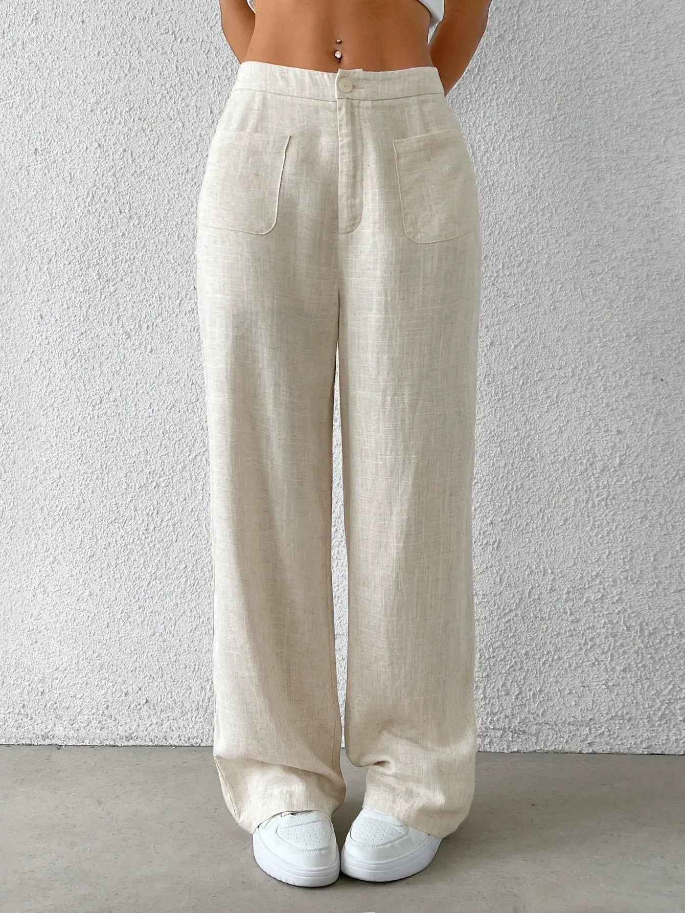 COTTON LINEN SOLID COLOR STRAIGHT LEG PANTS