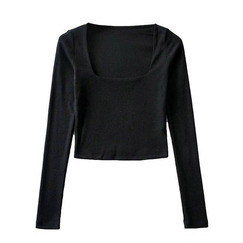 Square-neck solid-color long-sleeved T-shirt