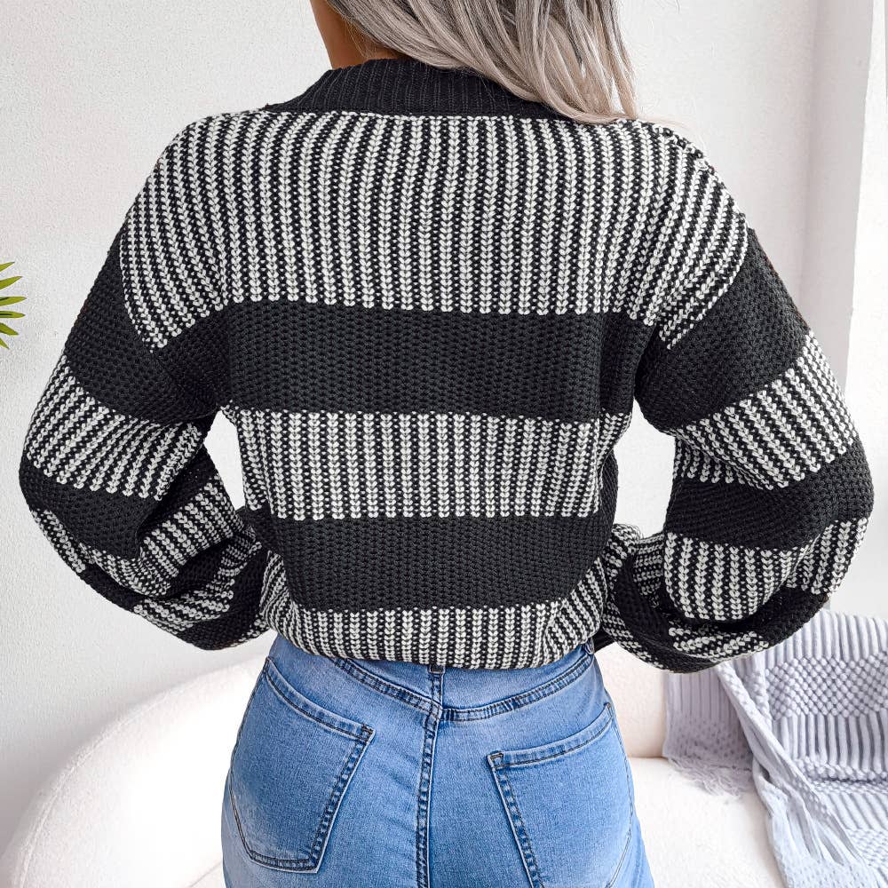 Striped lantern sleeve cardigan jacket