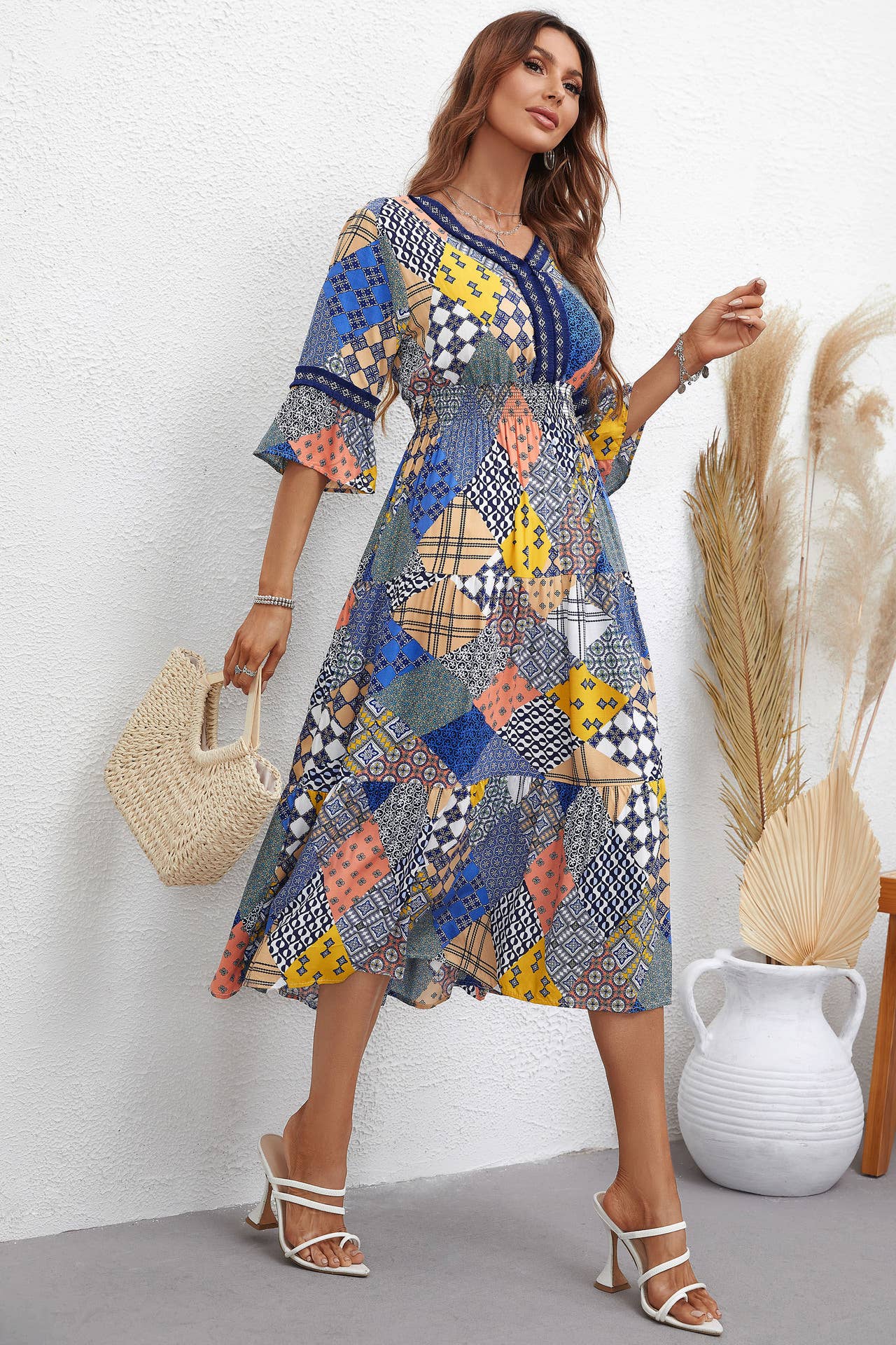ETHNIC STYLE PRINT PLAID FASHION LONG DRESS