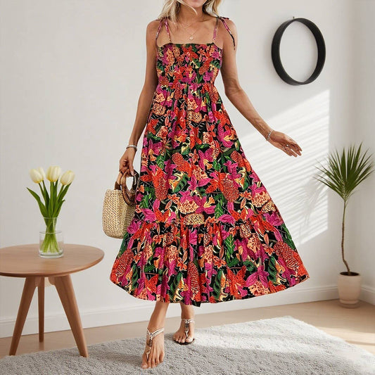 Printed halter backless vacation-style dress