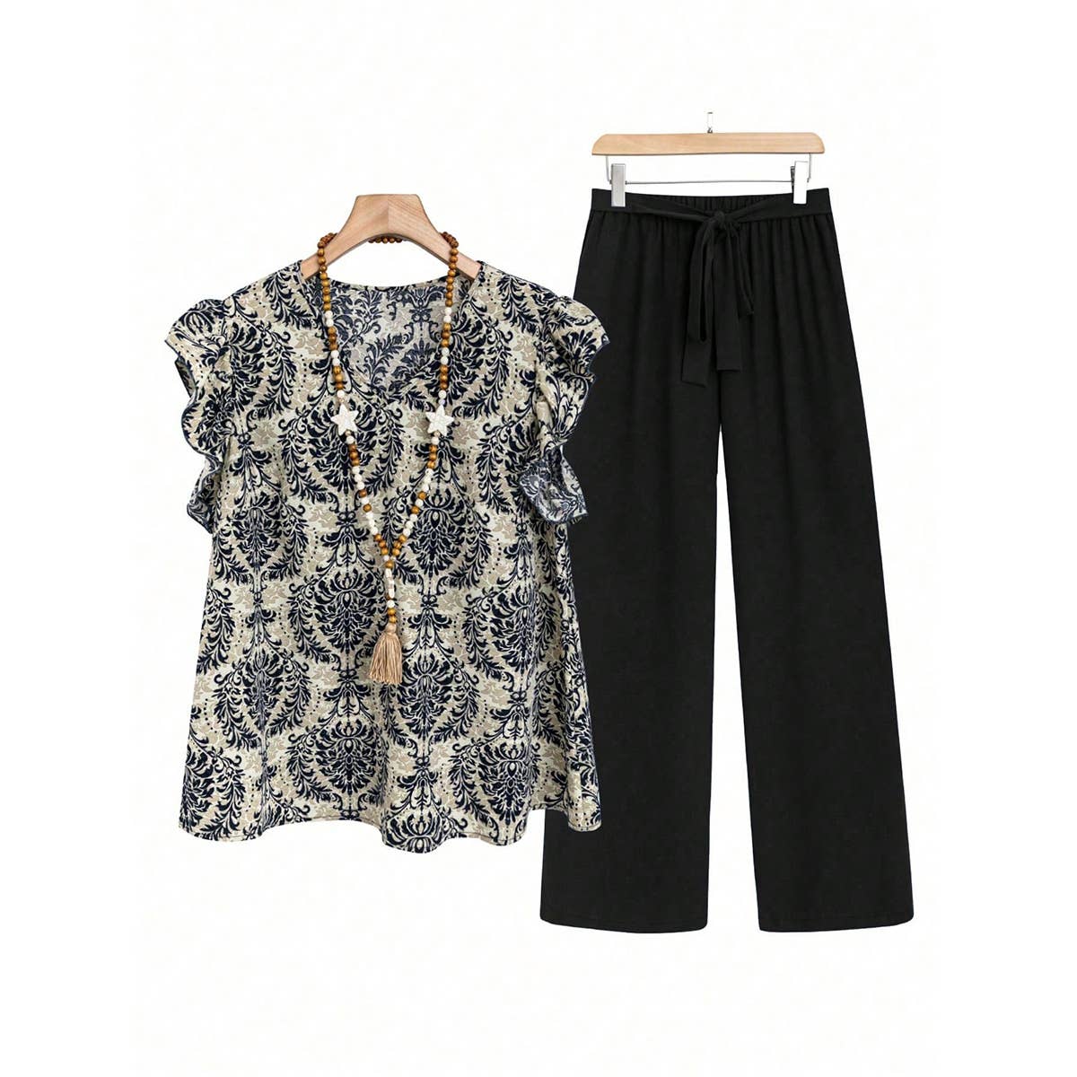 Loose printed T-shirt pantsuit with belt