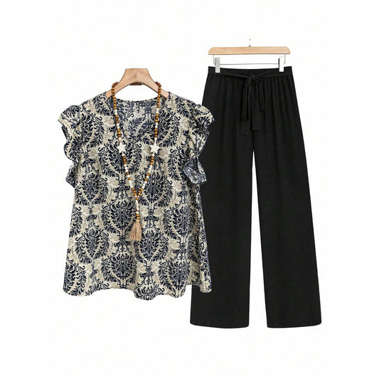 Loose printed T-shirt pantsuit with belt