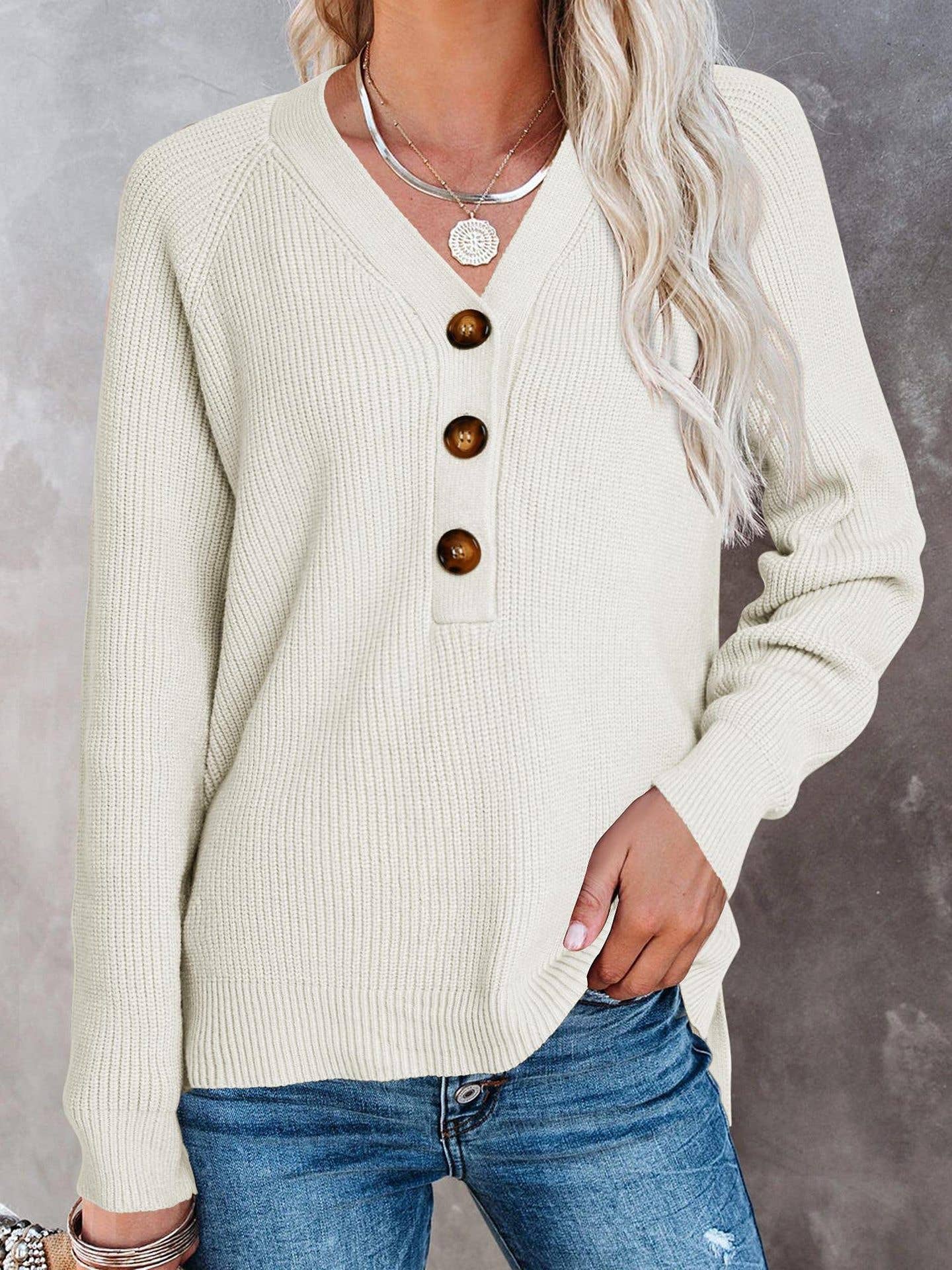 KNIT PULLOVER V-NECK SINGLE BREASTED SWEATER
