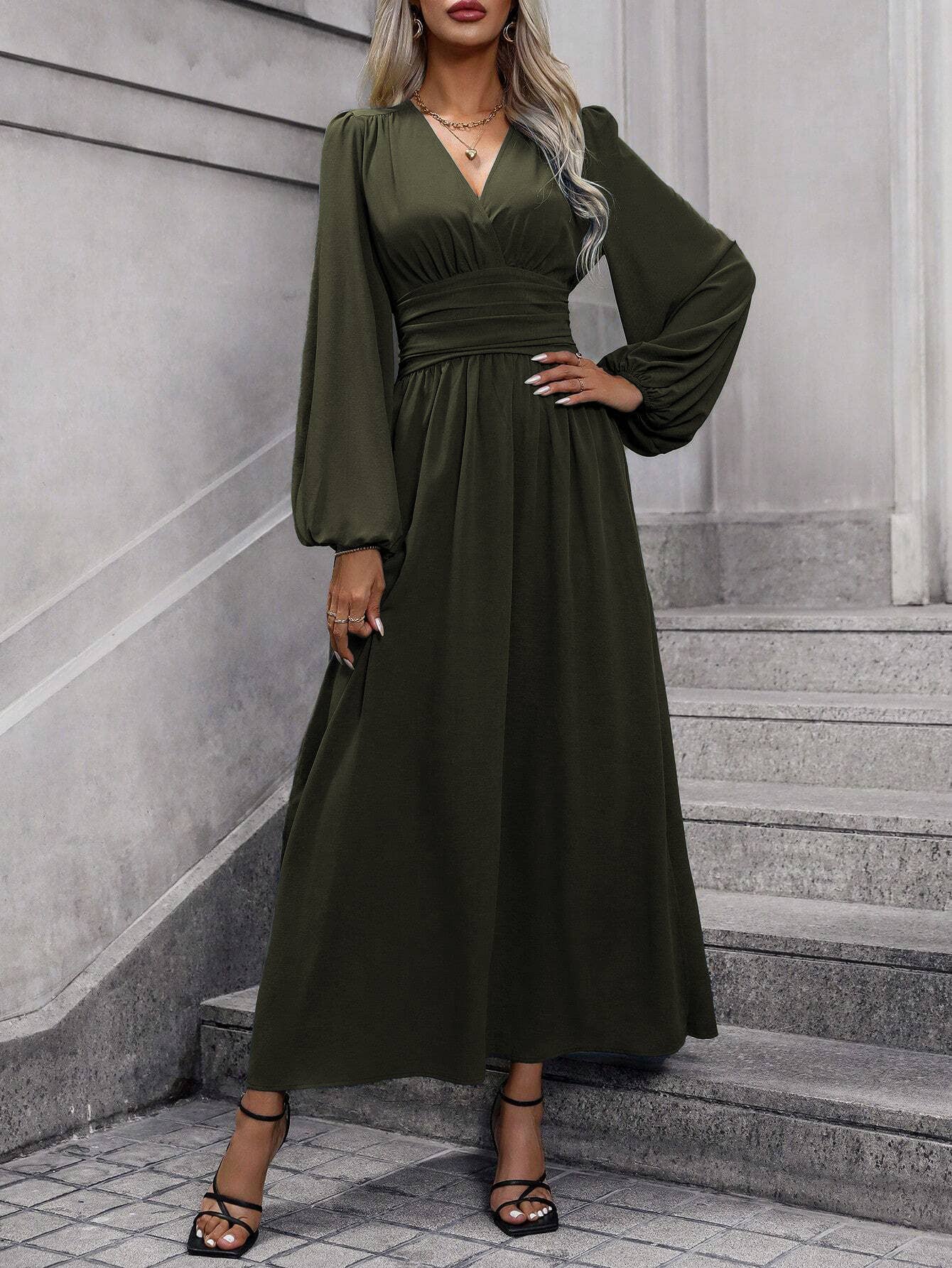 Lantern sleeve high slit V-neck dress